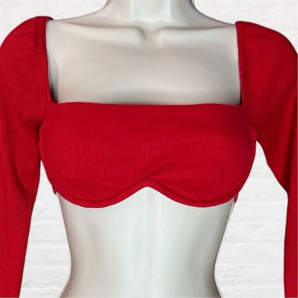 Princess Polly Bustier Crop Top Red Ribbed Long Sleeve Square Neck Size 4 Y2K Sm - Picture 3 of 8